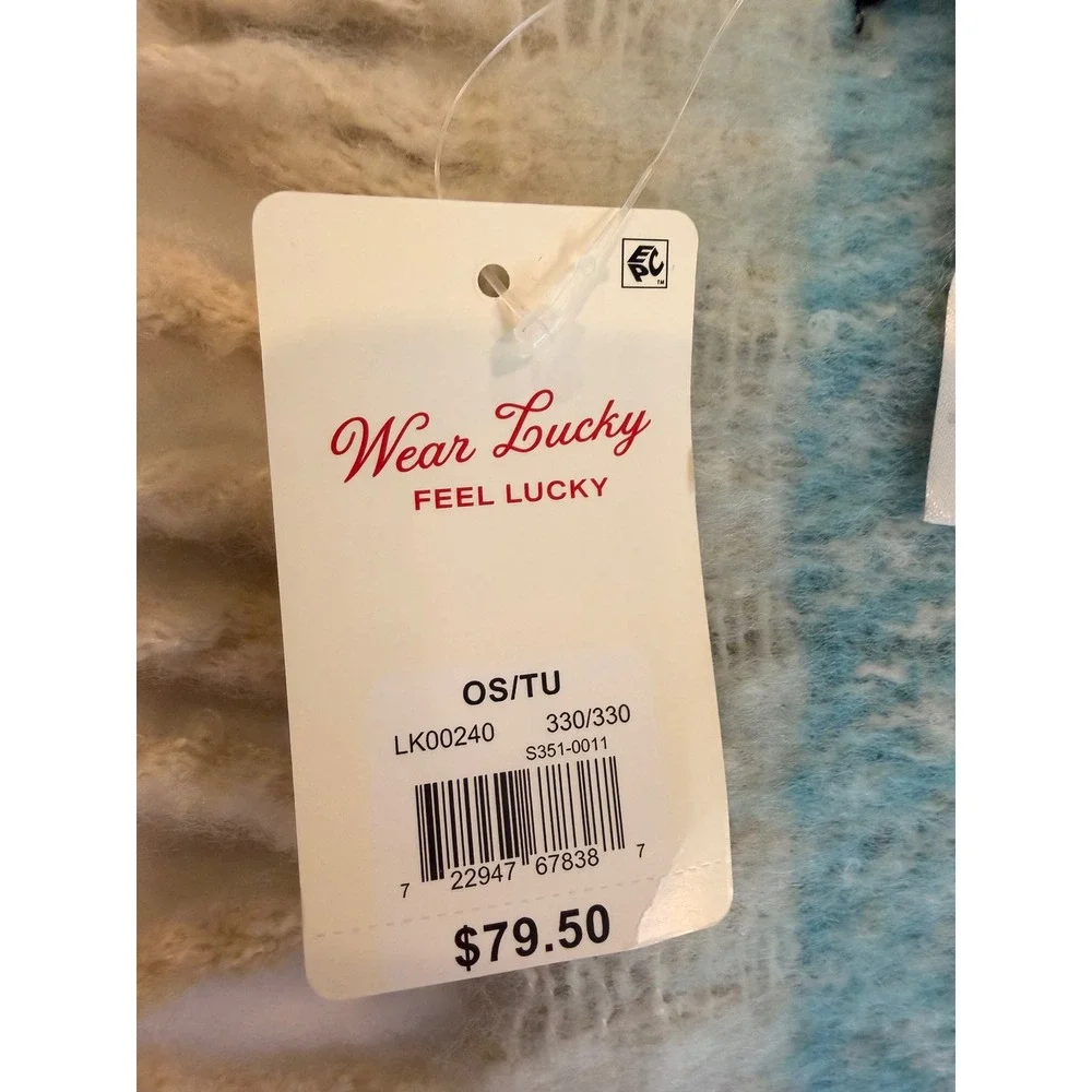Lucky Brand Blue Cream Striped Oversized Fringe Scarf LK00240 NWT